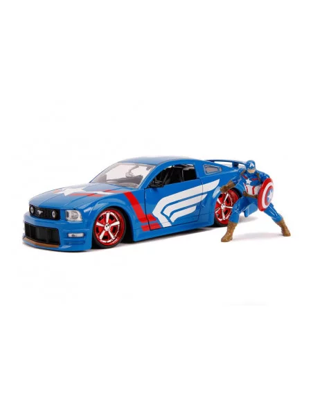 es::Marvel Hollywood Rides Vehículo 1/24 2006 Ford Mustang GT con Figura de Captain America