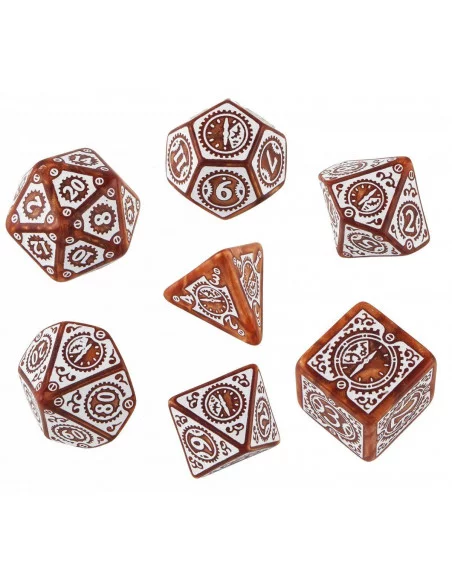es::Set de 7 dados Steampunk Clockwork. Caramel & White